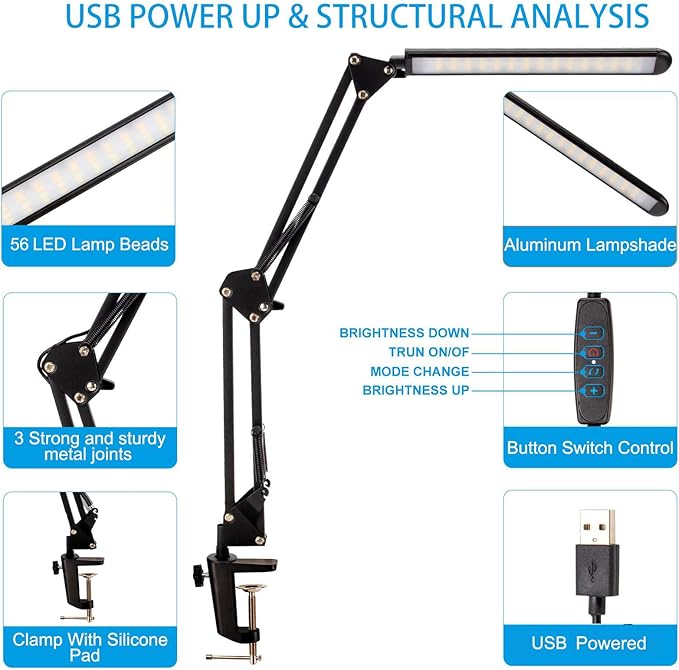 LED Desk Lamp,Eye-Caring Metal Swing Arm Desk Lamp with Clamp,10 Dimmable Brightness 3 Light Modes Reading Lamp,Desk Light for Home Office(2 Pack) - LeafyLoom