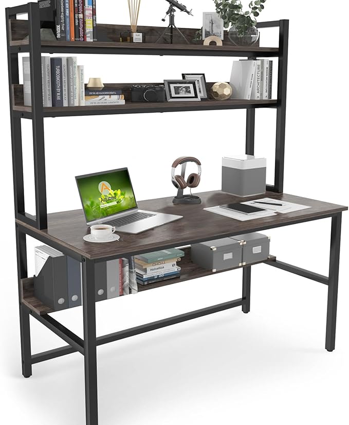 Aquzee Desk with Hutch Bookshelves, Computer Desk with 3 Tiers Storage Shelves, Space Saving Design Black Metal Legs Desk with Grey Board, Easy Assemble - LeafyLoom