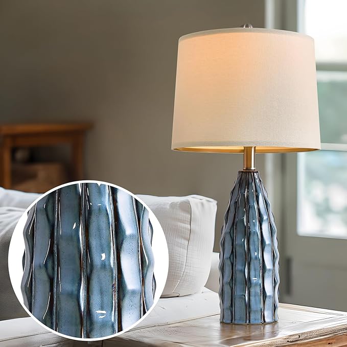 23.75" Modern Blue Ceramic Lamps Set of 2 for Living Room Study Room Office Dorm Farmhouse Nightstand, End Table Lamps - LeafyLoom