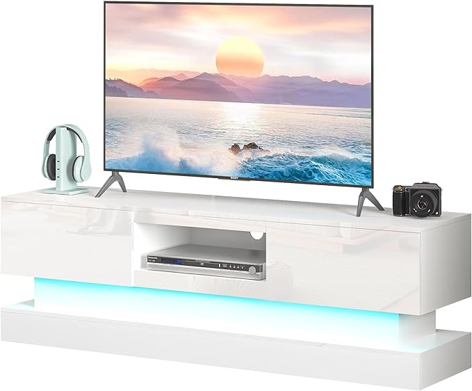 Glossy White LED TV Stand for 75 Inch TV, Modern TV Console Table with Storage and LED Lights, Gaming Media Entertainment Center for Living Room Bedroom (63 Inch, White) - LeafyLoom