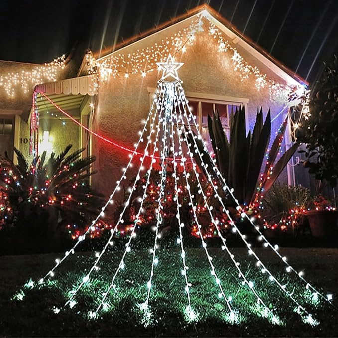 Aokudoni Christmas Decorations Outside, 12.6FT 350 LED 8 Modes Star Christmas Lights Outdoor, Christmas Lights for House Yard Porch Holiday Decoration, Cool White Aokudoni