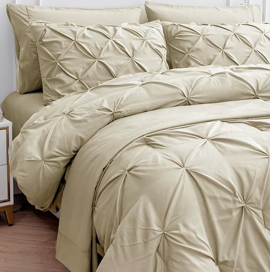 LANE LINEN King Comforter Set, 7 Piece King Size Bedding Set, Pintuck King Size Comforter Set with Sheets, Pillowcases & Shams, Soft King Bed in a Bag Set, King Size Bedding Set, King Bed Set - Linen - LeafyLoom