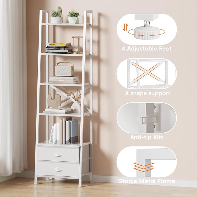 Furologee 5-Tier Ladder Shelf with 2 Drawers,Narrow Bookshelf Storage Shelves,Industrial Bookcase Freestanding Shelf Units for Bedroom,Living Room,Bathroom,Home Office,Balcony,Wood Metal, White - LeafyLoom