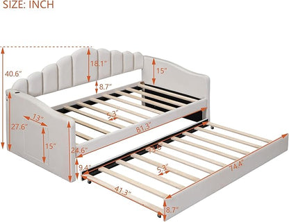Twin Size Upholstered Daybed with Trundle and Striped Headboard, Velvet Bed w/USB Charging Ports & Side Pockets, for Bedroom Living Room, No Box-spring Needed - LeafyLoom