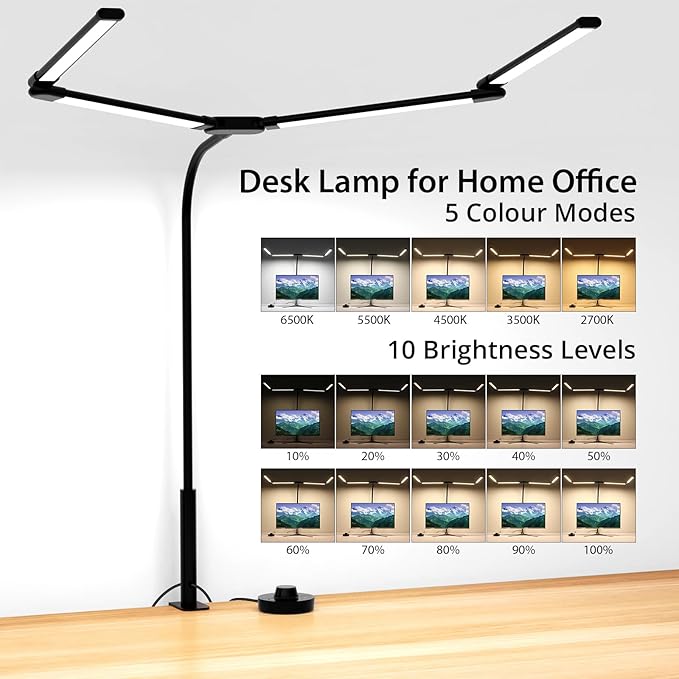 Desk Lamp for Office Home, 4 Heads, 24W Ultra Bright, 5 Colors 10 Bright Levels, Long Flexible Clamp Clip Light, Task Table Lamp with Adapter & Switch Controller, Black - LeafyLoom