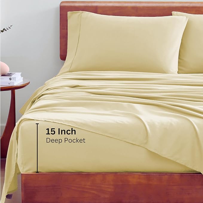 LANE LINEN 100% Organic Cotton Full Sheets Set 4-Piece Pure Percale Long Staple Bedding Breathable Fits Mattress Upto 15" Deep - Vanilla - LeafyLoom