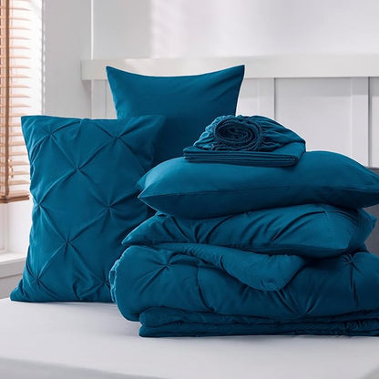 Bedsure California King Comforter Set - Cal King Bed Set 7 Pieces, Pinch Pleat Teal Blue Cali King Bedding Set with Comforter, Sheets, Pillowcases & Shams - LeafyLoom