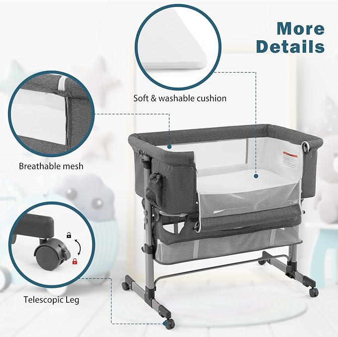 Bedside Crib,3 in 1 Baby Crib Adjustable Portable Bed for Infant,Baby Bassinet with Mosquito net Baby Newborn Must Have Bed,Grey - LeafyLoom