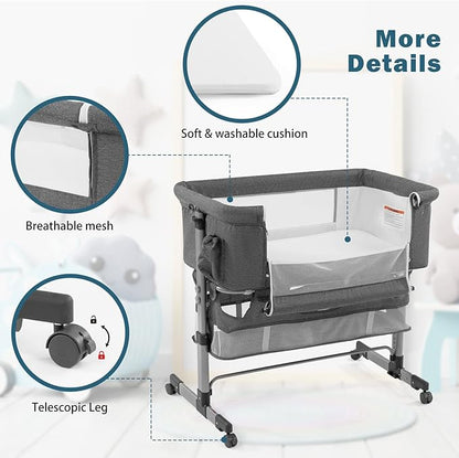 Bedside Crib,3 in 1 Baby Crib Adjustable Portable Bed for Infant,Baby Bassinet with Mosquito net Baby Newborn Must Have Bed,Grey - LeafyLoom