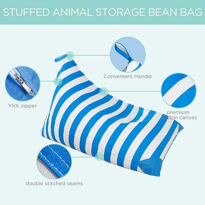 Aubliss Stuffed Animal Storage Bean Bag Chairs Cover, 50"x 35" Extra Large Bean Bags Chair for Kids & Adults, Beanbag Toy Storage for Boys Girls - Premium Cotton Canvas Blue Stripe - LeafyLoom