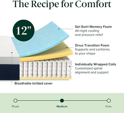 ZINUS 12 Inch Cooling Comfort Hybrid Mattress [New Version], Full, Fiberglass free, Medium Firm Feel, Motion Isolation, Certified Safe Foams & Fabric, Mattress in A Box - LeafyLoom