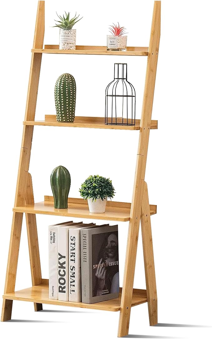 DOUSY- 4-Tier Bamboo Ladder Shelf Ladder Bookshelf Plant & Flower Stand Bookcase, Freestanding Storage Rack Organizer Display Shelf for Living Room, Home Office, Bedroom, Balcony, Natural Wood - LeafyLoom