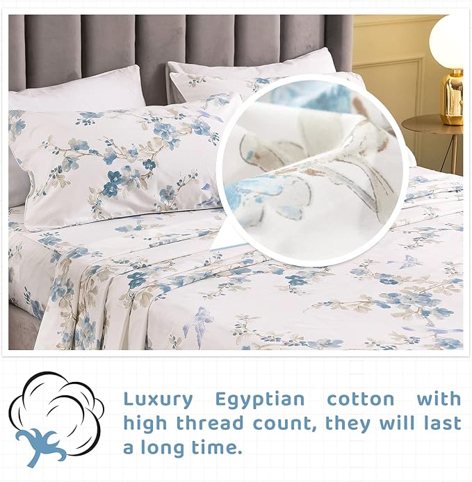 QSH 100% Egyptian Cotton Sheets Twin Size, Bird Tree Branch Blossom Pattern Botanical Luxury Printed Bedding Flower Twin Bed Sheets for Girls Kids Extra Soft 4pcs Deep Pocket Floral Bed Sheet - LeafyLoom