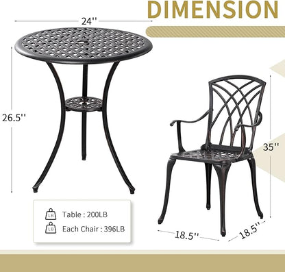 3 Piece Bistro Patio Set Cast Alumiunm Patio Furniture Set,All Weather Bistro Table and Chairs Set of 2 with 1.97" Umbrella Hole,Outdoor Patio Bistro Sets for Garden（Antique Bronze） - LeafyLoom