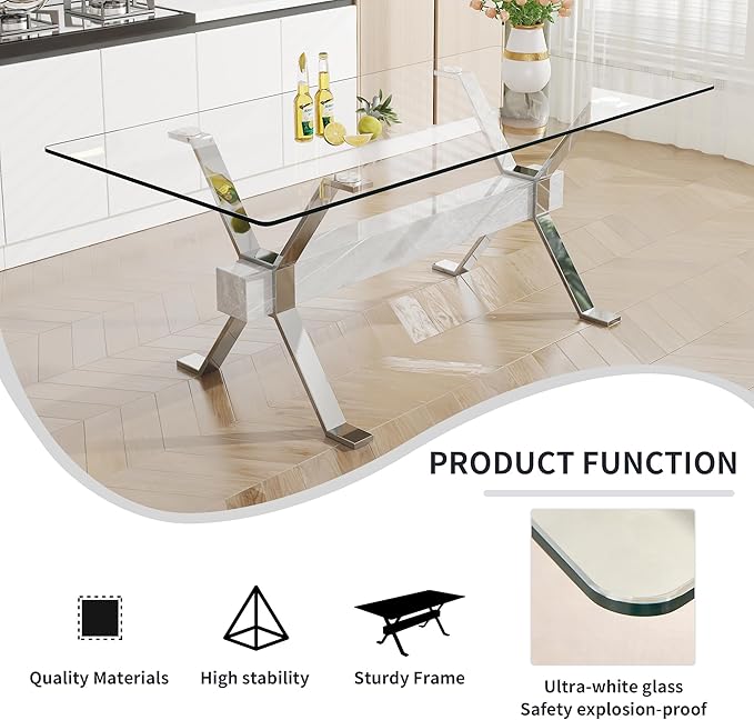 Rectangular Table with Tempered Glass Tabletop,Modern Dinner Desk W/Metal Tubular Legs, Home,Kitchen,Dining Room,Office,Silver, 79" Marble Color Crossbars - LeafyLoom