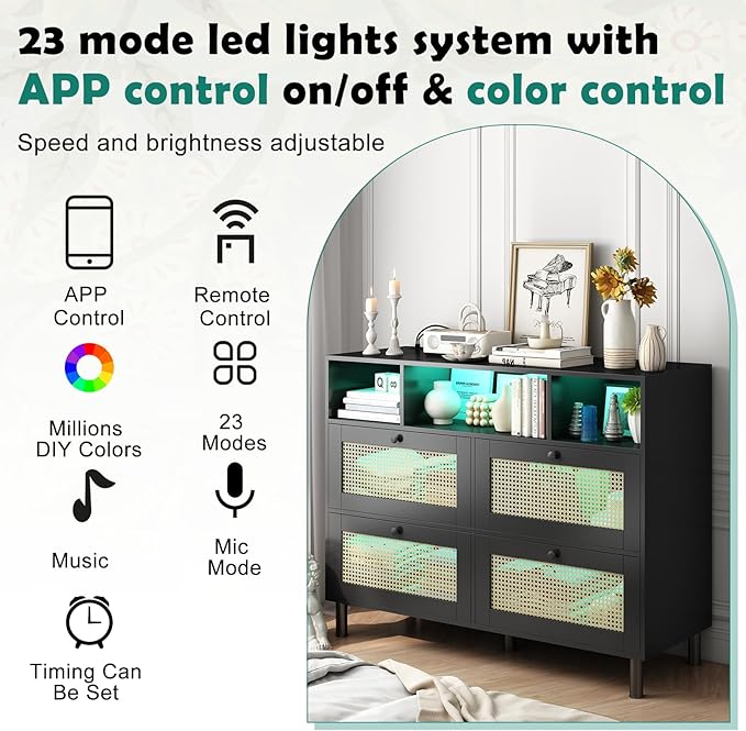 Sideboard Buffet Cabinet, Kitchen Storage Cabinet with Power Outlet & Led Lights, Accent Cabinet with 4 Rattan Doors, Black - LeafyLoom