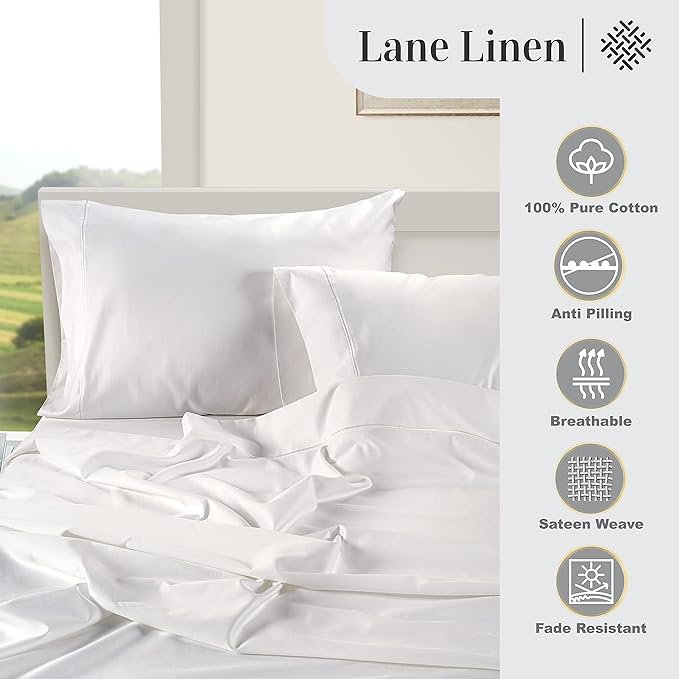 LANE LINEN 100% Egyptian Cotton Bed Sheets - 1000 Thread Count 4-Piece White Calking Set Bedding Sateen Weave Luxury Hotel 16" Deep Pocket (Fits Upto 17" Mattress) - LeafyLoom