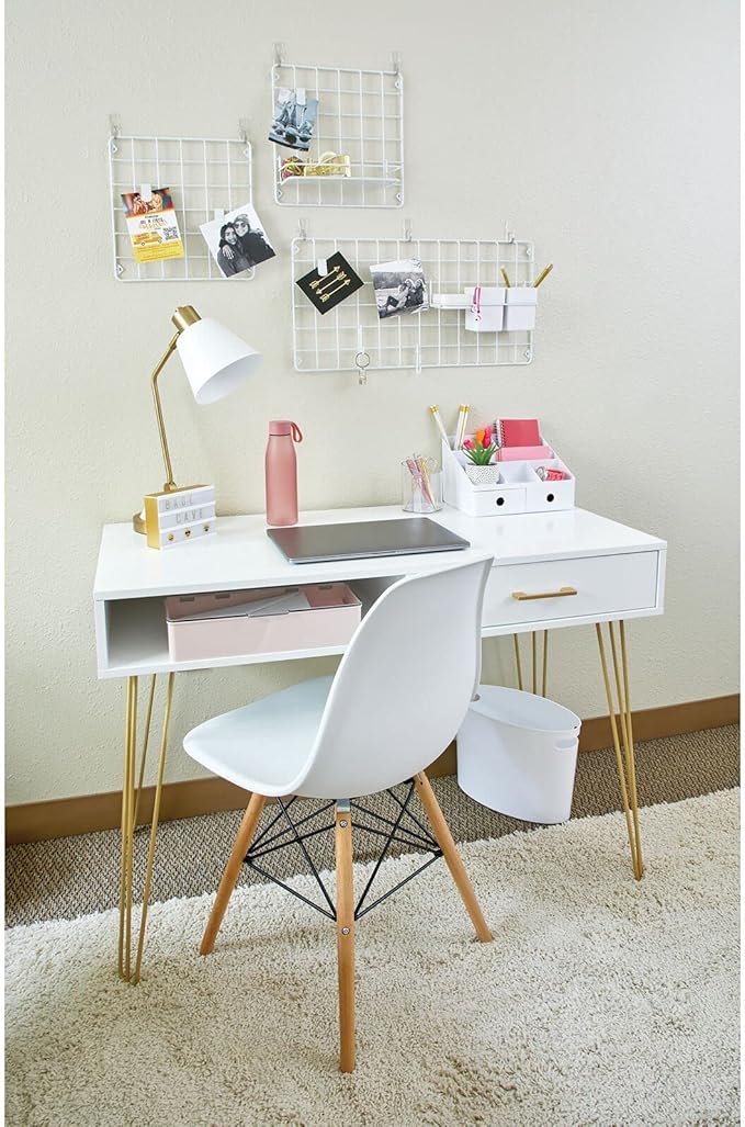 mDesign Metal/Wood Modern Computer Desk - Minimalist Desk and Computer Table with Drawer - Simple Desk with Storage Cubby and Hairpin Legs - Small Work Desk for Home Office, Study - White/Soft Brass - LeafyLoom