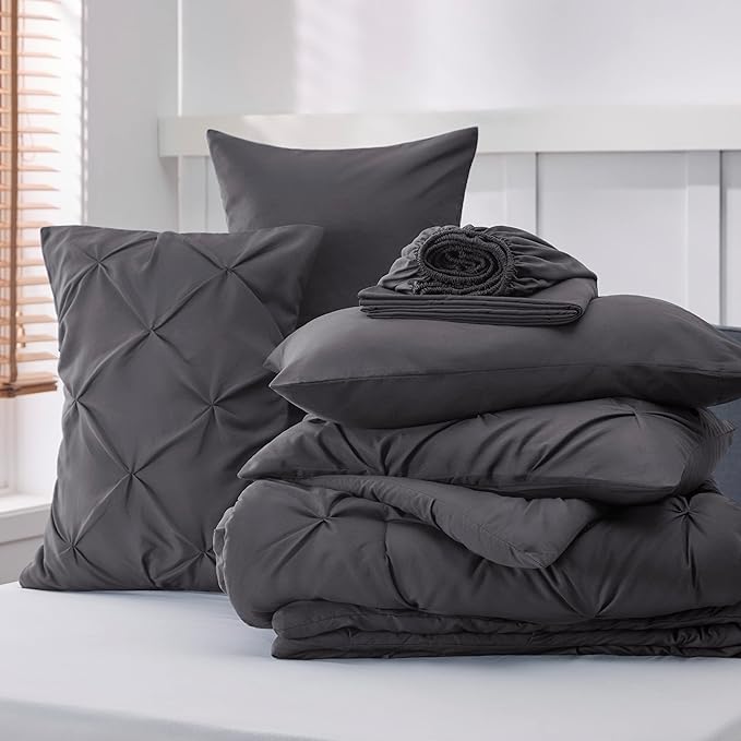 Bedsure Dark Grey Comforter Set Queen - Bed in a Bag Queen 7 Pieces, Pintuck Bedding Sets Dark Grey Bed Set with Comforter, Sheets, Pillowcases & Shams - LeafyLoom