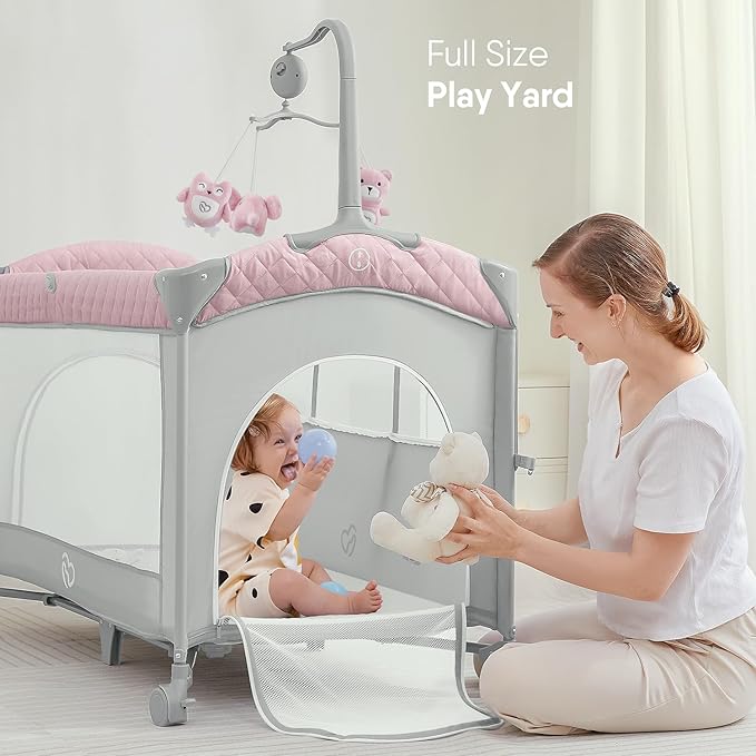 BabyBond Baby Bassinet Bedside Crib, Pack and Play with Sheet, Diaper Changing Table and Music Mobile from Newborn to Toddles, Portable Large Playard - LeafyLoom