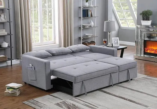 3 in 1 Convertible Sleeper Sofa Bed, Pull Out Couch with 3 Level Adjust Backrest, Futon Loveseat Chaise Lounge with Side Pockets and Throw Pillows for Living Room Office, Light Gray 79.75" - LeafyLoom