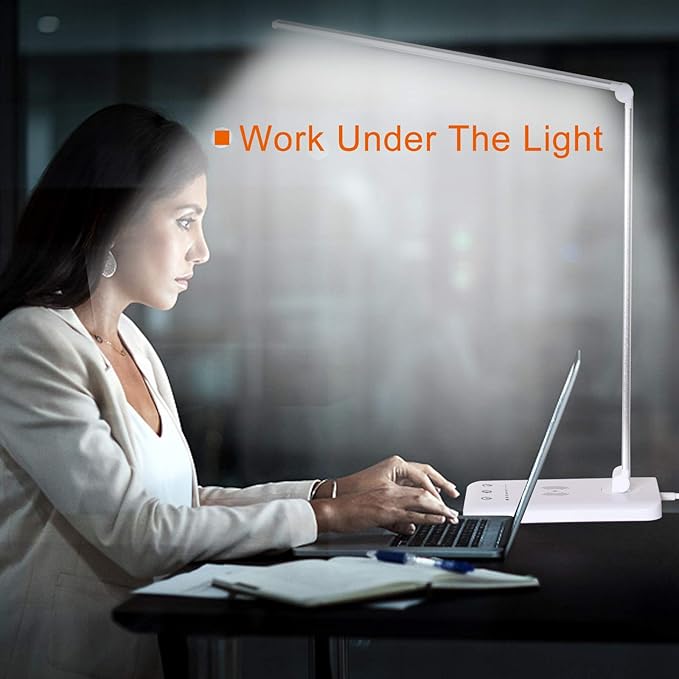 LED Desk Lamp with Wireless Charger,Eye-Caring Table Lamps,Stepless Dimmable Office Lamp with USB Charging Port,Touch/Memory/Timer Function,25 Brightness Lighting,Foldable Lamp - LeafyLoom