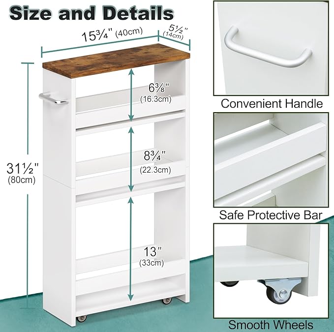 MARTY Rolling Storage Cart 4-Tier White Kitchen cart on Wheels,Slim Storage Cart with Handle Slide Out Utility Cart Shelving Unit Organizer Trolley for Laundry Narrow Places Bathroom Small Corner - LeafyLoom