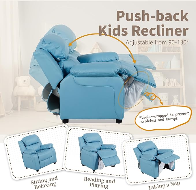 JC Home MACARON Kids Chair Leather Recliner Sofa Toddler Youth Children Child Ages 3-7, Small, Babyblue - LeafyLoom