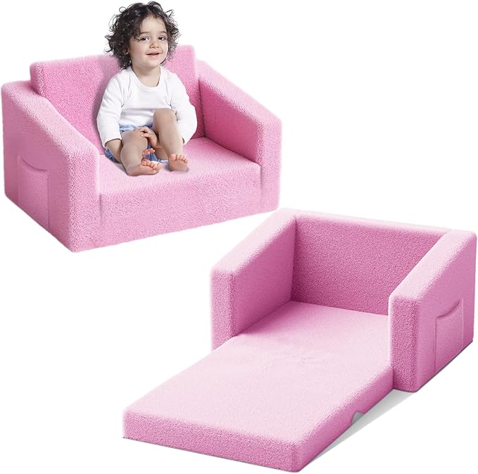 Kids Couch,2-in-1 Toddler Chairs for Girl,Kids Sofa with Storage,Comfortable Kids Sofa Bed,Fun Kids Lounge Chair,Toddler Furniture,Kids Playroom,Children'S Gifts (Pink) - LeafyLoom