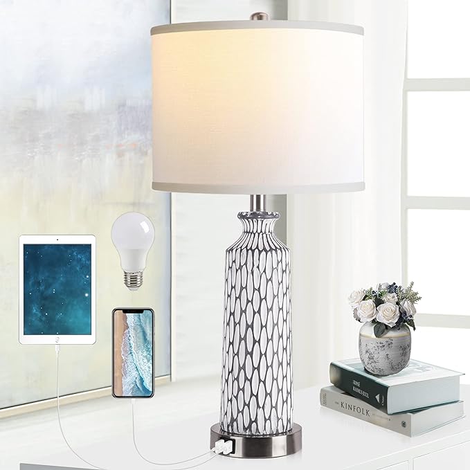 QiMH Table Lamp for Living Room with Touch Control,3-Way Dimmable Bedside Lamps for Bedroom with USB Ports, Modern Farmhouse Coastal Whitewash Gray Resin Nightstand Lamp(2700K LED Bulbs Included) - LeafyLoom