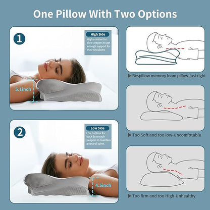 Neck Pillow Cervical Memory Foam Pillows for Pain Relief Sleeping, Ergonomic Pillow for Shoulder Pain, Orthopedic Contour Bed Pillow for Side, Back & Stomach Sleepers with Cooling Pillowcase - LeafyLoom