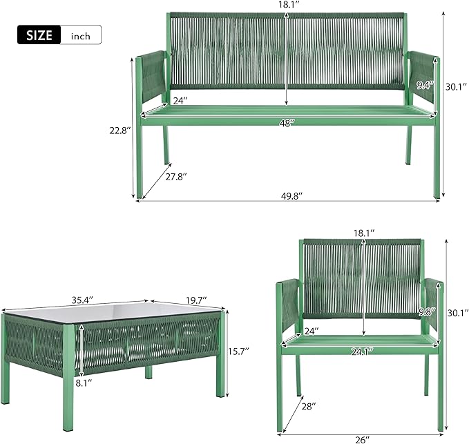 4-Piece Patio Conversation Furniture Set, Rope Weave Outdoor Loveseat Sofa with 2 Armchairs, Thick Cushion&Tempered Glass Table, for Garden Backyard, Onesize, Fluorescent Yellow+Green - LeafyLoom