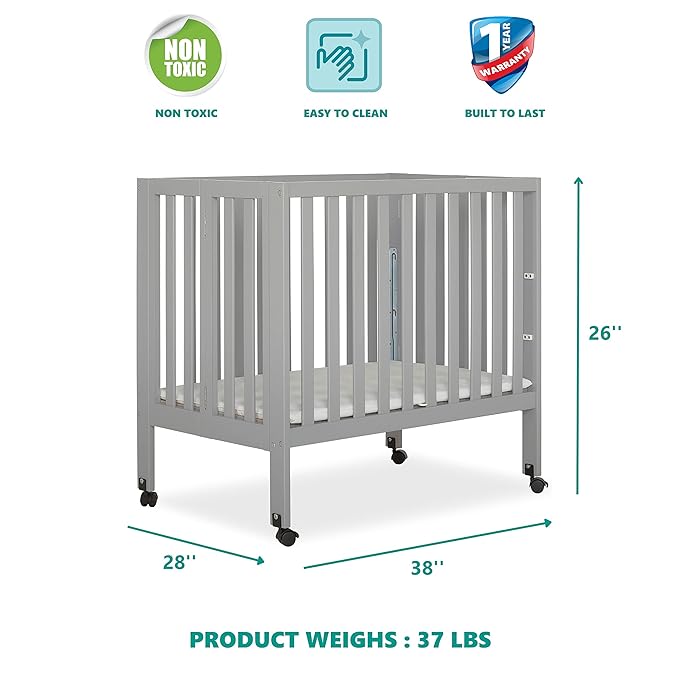 Jett Non-Full Size Folding Convertible Crib, Lightweight Portable Crib, Three Adjustable Mattress Height Settings, Easy to Fold Travel Crib, 1.5” Mattress Pad Included - LeafyLoom