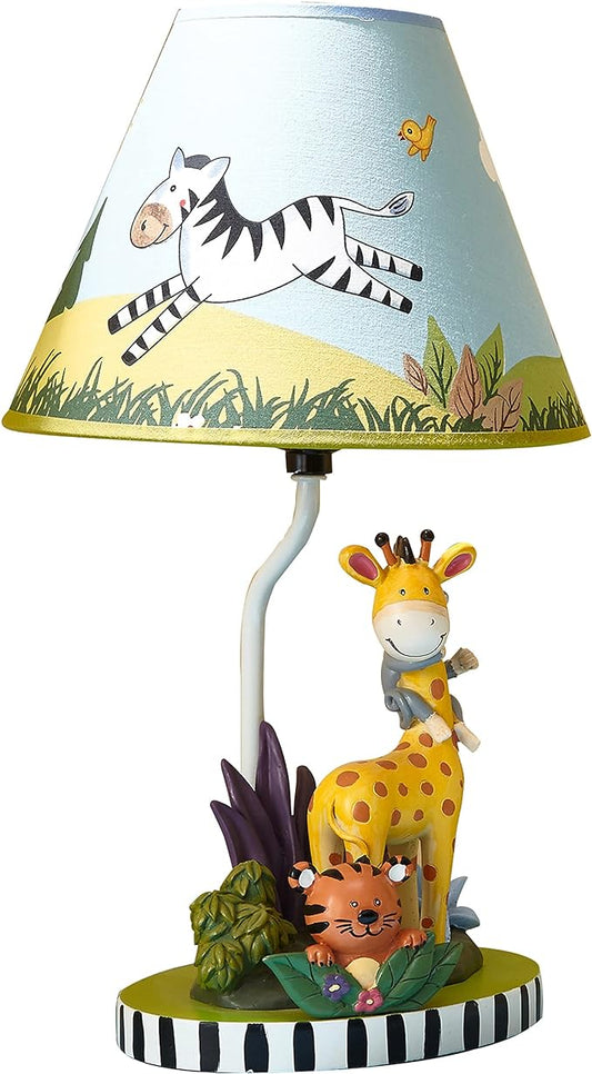 Fantasy Fields - Sunny Safari Animals Thematic Kids Table Lamp, for Girls & Boys Rooms with Printed Zebra Lampshade & Sculpted Monkey, Giraffe, & Tiger Base, Jungle Lamp for Nurseries & Baby Rooms - LeafyLoom