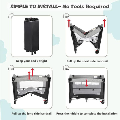 Kinder King 4 in 1 Portable Nursery Center, Foldable Baby Bedside Crib w/Bassinet, Infant Pack n Play Playard Toddler Large Playpen, Newborn Changing Table, Storage Basket, Side Zipper - LeafyLoom