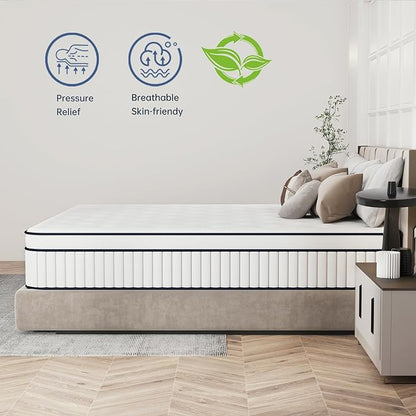 King Mattress 10 Inch, King Size Mattress in a Box, Hybrid Mattress with Pocket Spring and Soft Foam, Ultimate Motion Isolation, Strong Support, Medium Firm, Upgraded Strength - LeafyLoom