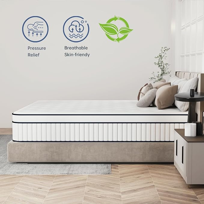 King Mattress 10 Inch, King Size Mattress in a Box, Upgraded Strength Hybrid Mattress with Pocket Spring and Soft Foam, Ultimate Motion Isolation, Strong Edge Support, Medium Firm Mattress - LeafyLoom