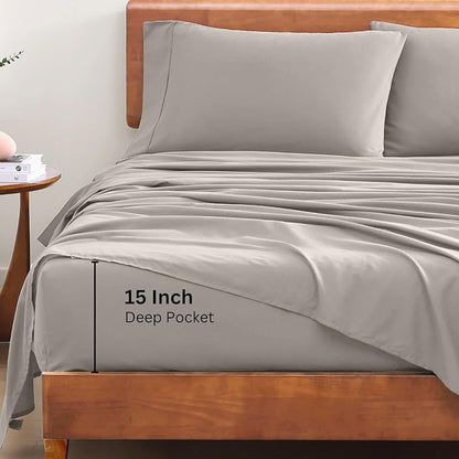 LANE LINEN 100% Organic Cotton Sheets Twin Size, 3Pc Cotton Twin Sheet Set, Hotel Luxury Sheets, Percale Bed Sheets, Cooling Sheet & Pillowcase Sets, 15" Deep Twin Mattress Fitted Sheet - Silver - LeafyLoom