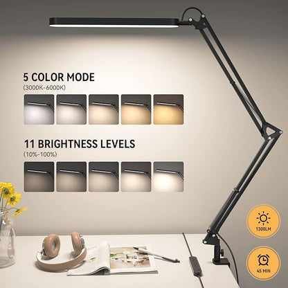 SKYLEO Desk Lamp - Desk Light for 31.5" Tall - 5 Color Modes X 11 Brightness Levels - Adjustable Swing Arm - Timmer & Memory Function - 12W Lamp for Desk - Black - LeafyLoom