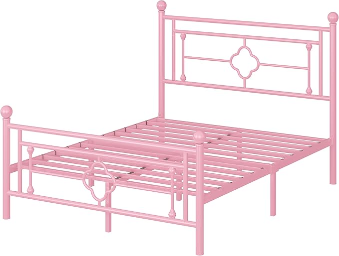 Allewie Full Size Metal Platform Bed Frame with Victorian Vintage Headboard and Footboard/Mattress Foundation/Under Bed Storage/No Box Spring Needed/Noise-Free/Easy Assembly, Pink - LeafyLoom