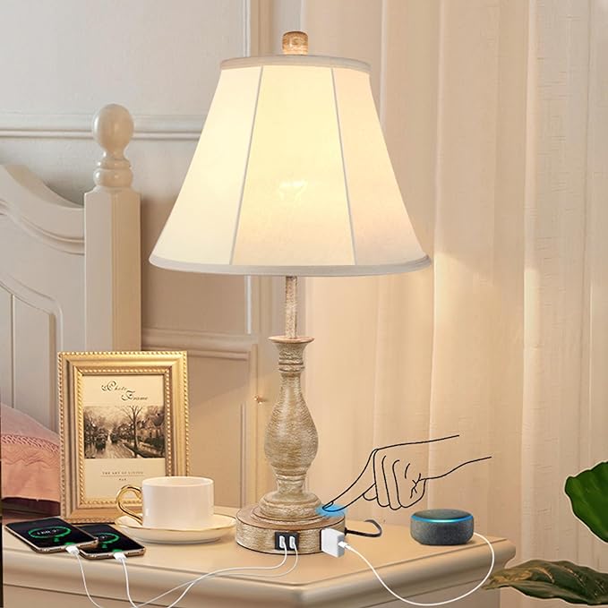 Farmhouse Table Lamp Touch Control 3-Way Dimmable, Modern Nightstand Lamp with 2 USB Port Bedside Desk Lamp with Fabric Shade for Living Room Bedroom Hotel (Pack-01) - LeafyLoom