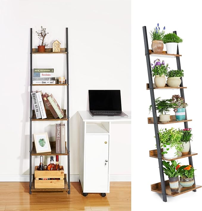 HYNAWIN 5 Tier Ladder Shelf-Wood & Metal Bookcase,Wall Mount Bookshelf Standing Unit,Multipurpose Plant Stand for Livingroom,Kitchen,Space Saving Display Rack,Industrial Accent Furniture - LeafyLoom