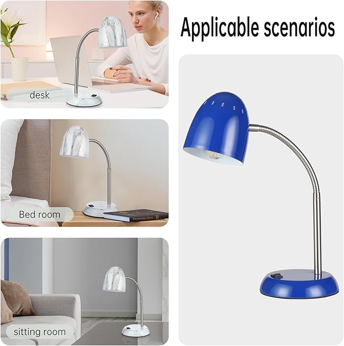 Eye-Caring Table Lamp of Simple Designs Home E26 Led Screw Basic Metal Desk Lamp with Flexible Gooseneck Hose Neck Study Lamp for Bedroom Office Living Room Convenient On/Off Switch (Dark blue) - LeafyLoom