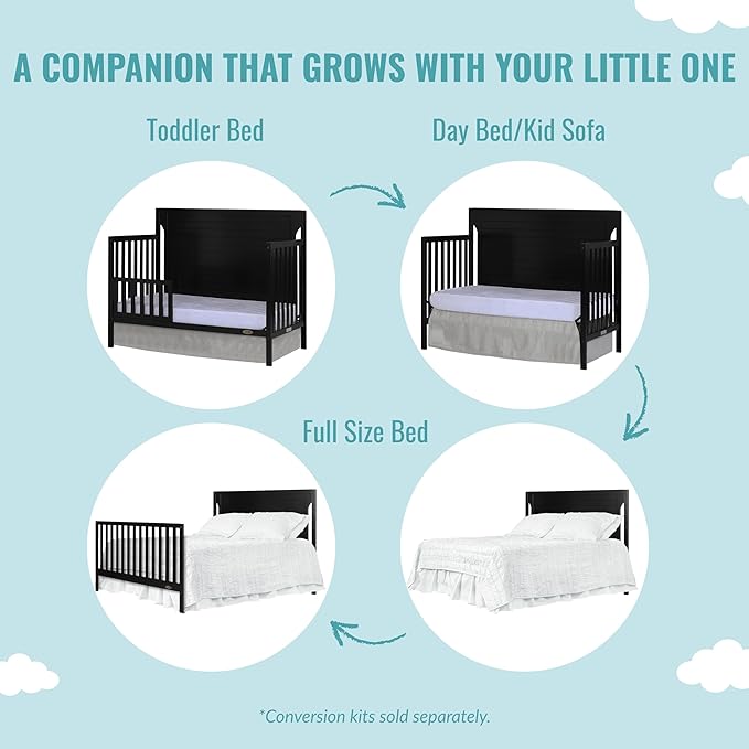 Cape Cod 5-In-1 Convertible Crib In Black, Greenguard Gold And JPMA Certified, Built Of Sustainable New Zealand Pinewood, 3 Mattress Height Positions - LeafyLoom