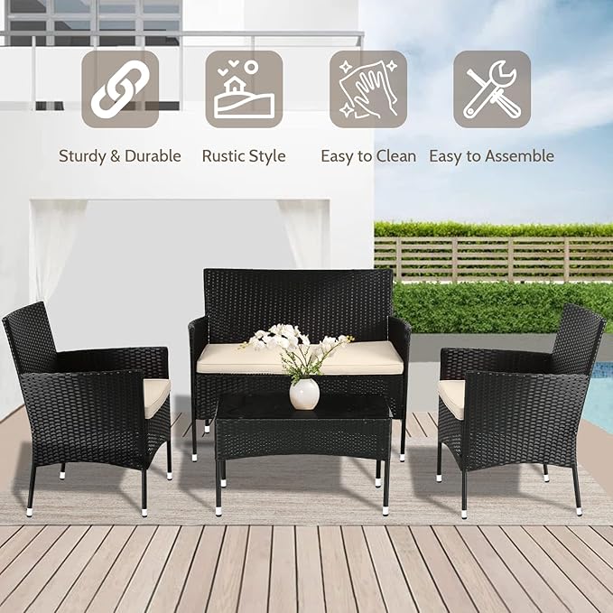 FDW Patio Furniture Set 4 Pieces Outdoor Rattan Chair Wicker Sofa Garden Conversation Bistro Sets for Yard,Pool or Backyard - LeafyLoom