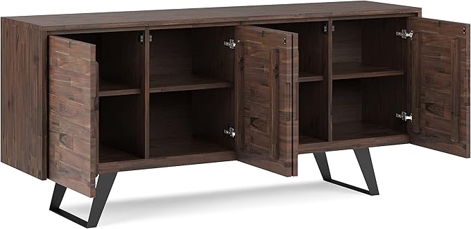 SIMPLIHOME Lowry SOLID ACACIA WOOD 66 Inch Wide Modern Industrial Large 4 Door Sideboard Buffet in Distressed Charcoal Brown, For the Dining Room and Kitchen - LeafyLoom