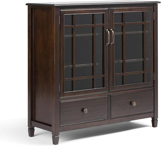 SIMPLIHOME Connaught SOLID WOOD 46 Inch Wide Traditional Tall Storage Cabinet in Dark Chestnut Brown, For the Living Room, Entryway and Family Room - LeafyLoom