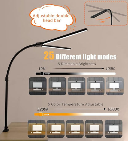 Double Head LED Desk Lamp, Architect Desk Lamps for Home Office, 24W Brightest Workbench Office Lighting-5 Color Modes and 5 Dimmable Eye Protection Modern Desk Lamp for Monitor Reading - LeafyLoom