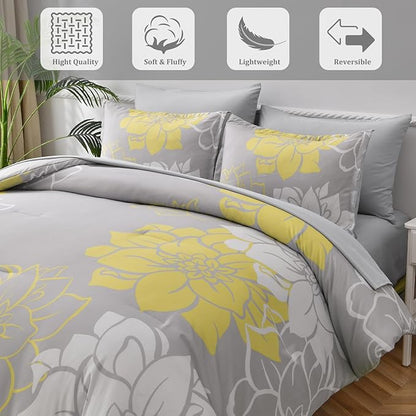 Floral Comforter Set Queen 7 Piece Bed in a Bag Yellow Floral Comforter with Sheet Set Soft Micorfiber Reversible Bedding Set (1 Comforter,2 Pillow Shams,1 Flat Sheet,1 Fitted Sheet,2 Pillowcases) - LeafyLoom