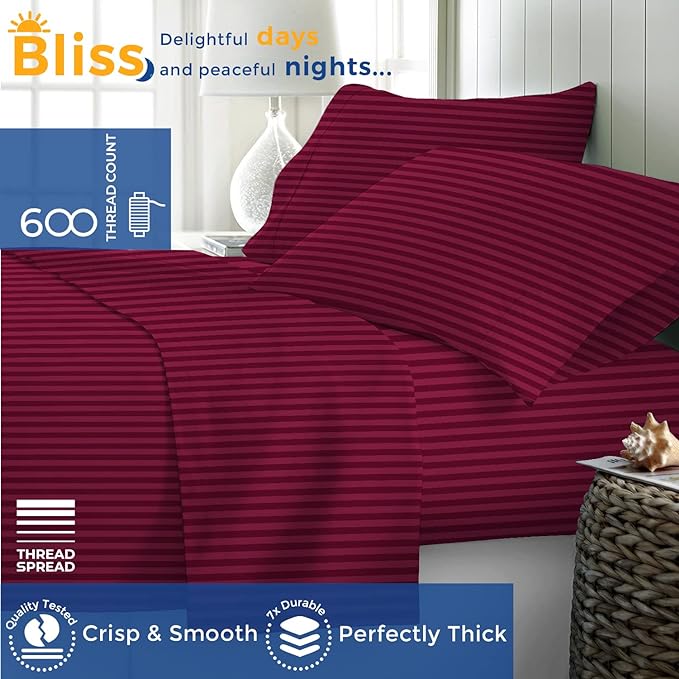 THREAD SPREAD Striped Egyptian Cotton Sheets Twin XL Size - 600 Thread Count 3 PC Damask Twin XL Sheets Deep Pocket, Sateen Weave College Dorm Bedding Twin XL, Fits Mattress upto 18" - Burgundy Stripe - LeafyLoom